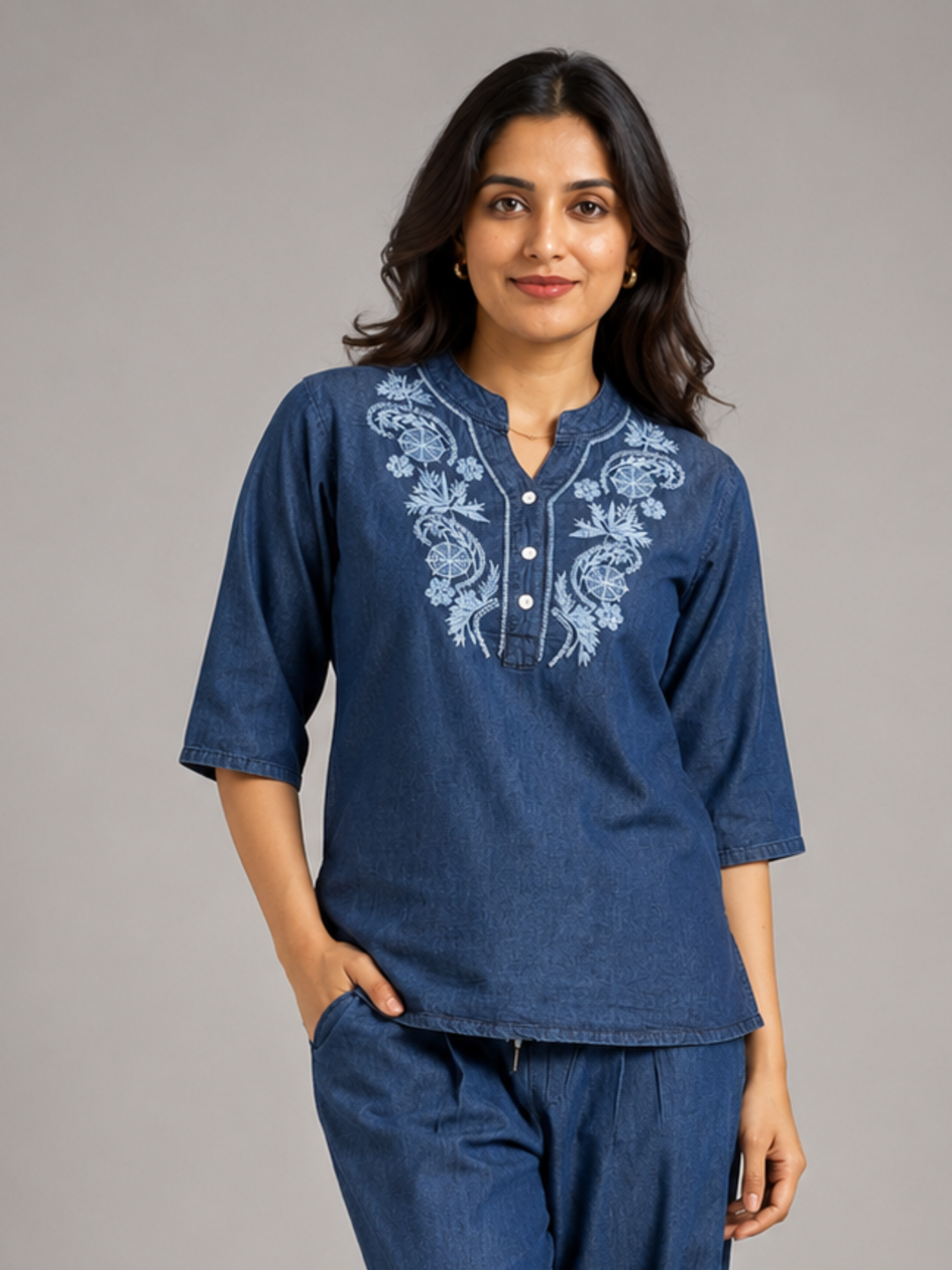 Dark blue denim wash cotton co ord set for women in India