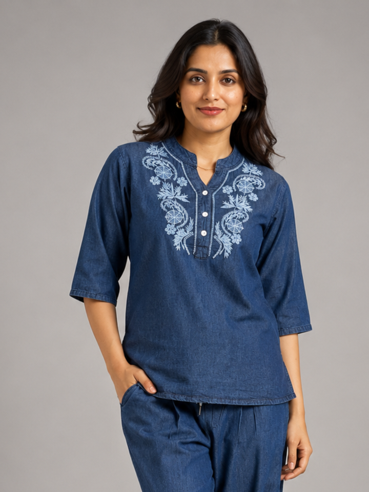 Dark blue denim wash cotton co ord set for women in India