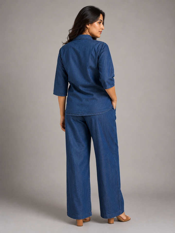 Dark blue denim wash cotton co ord set for women in India