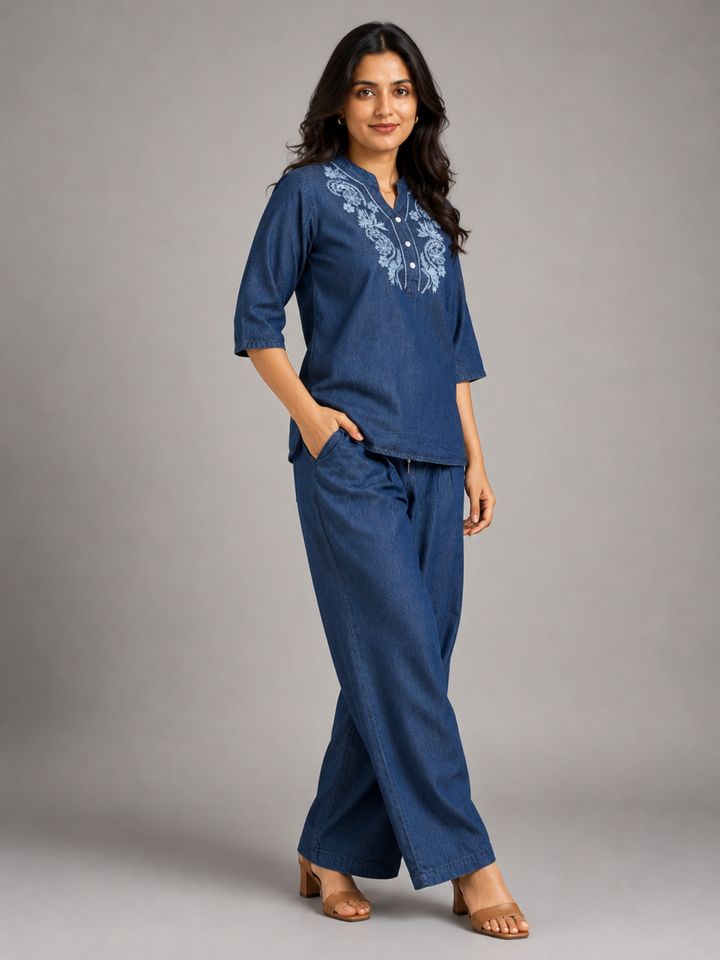 Dark blue denim wash cotton co ord set for women in India