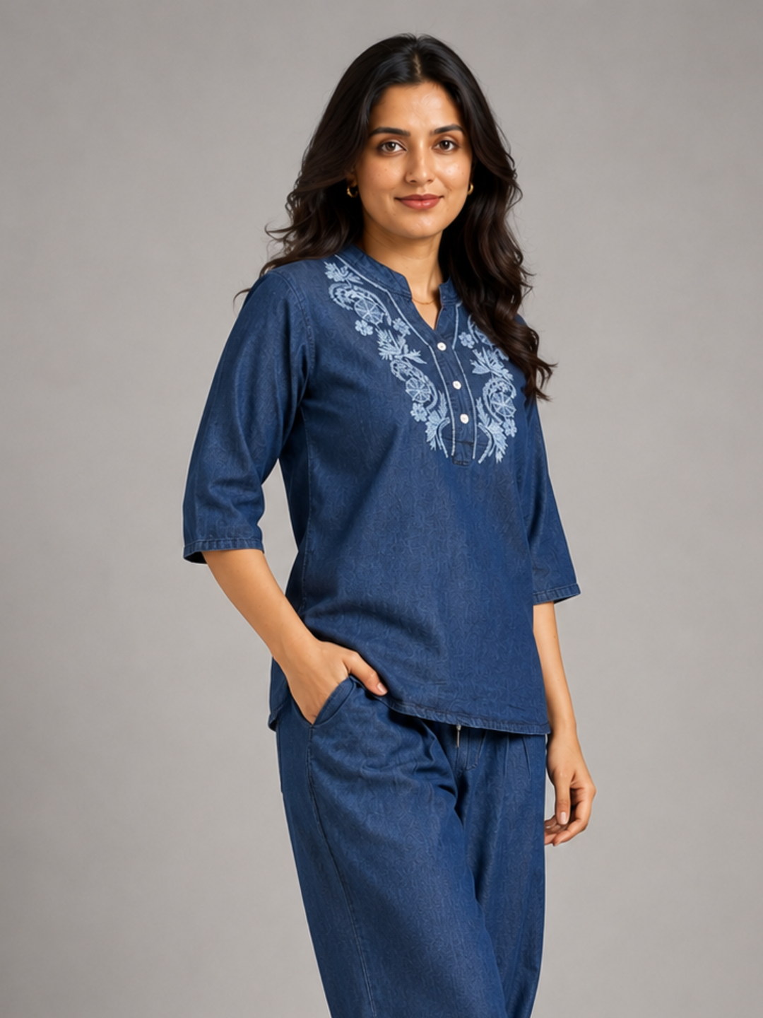 Dark blue denim wash cotton co ord set for women in India