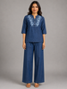 Dark Blue Denim Wash Cotton Co Ord Set for Women with Embroidery