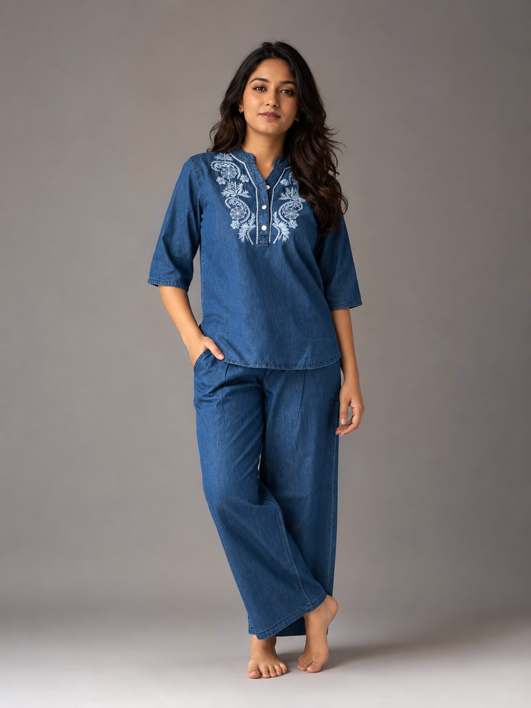 Light blue denim wash cotton co ord set for women