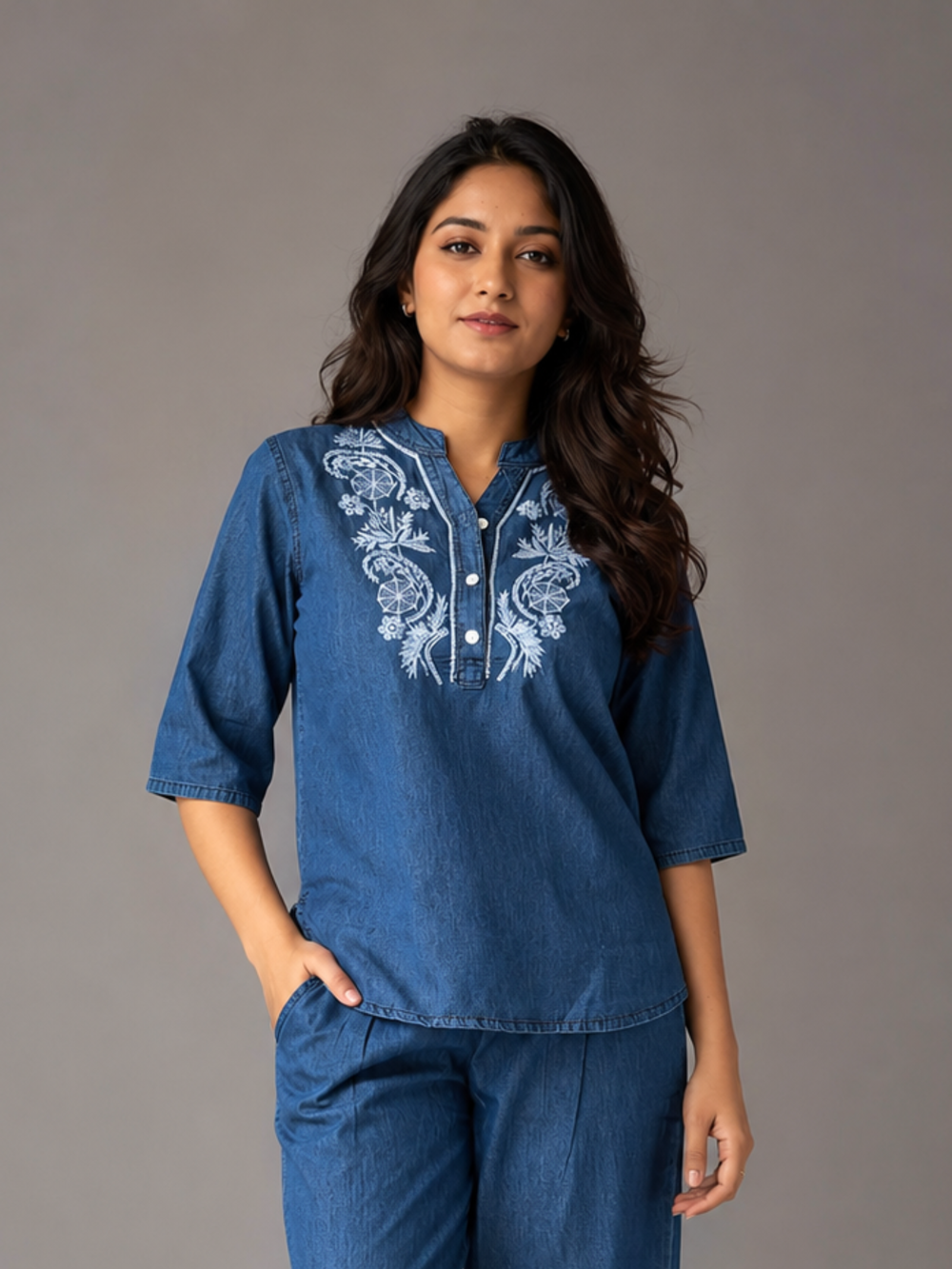 Light blue denim wash cotton co ord set for women
