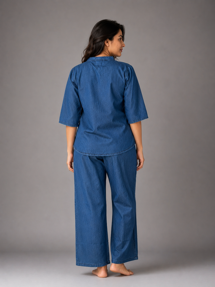 Light blue denim wash cotton co ord set for women