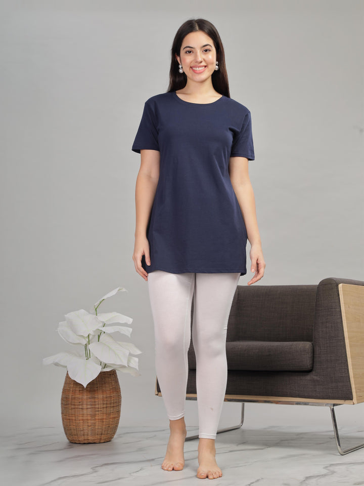 Navy blue cotton gym T-shirt for women with side slits and comfy fit