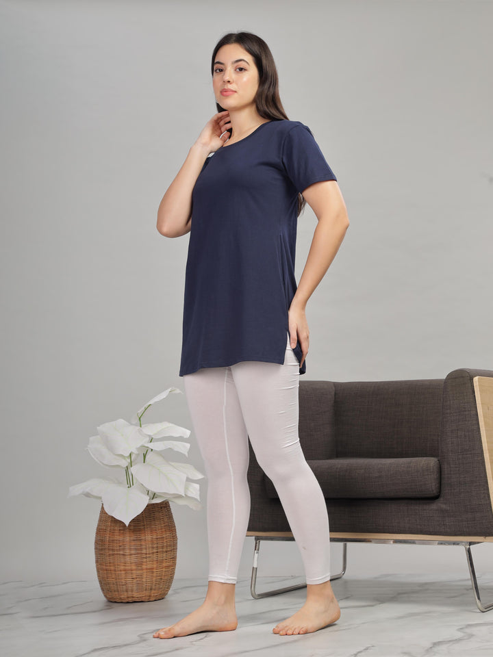 Navy blue cotton gym T-shirt for women with side slits and comfy fit