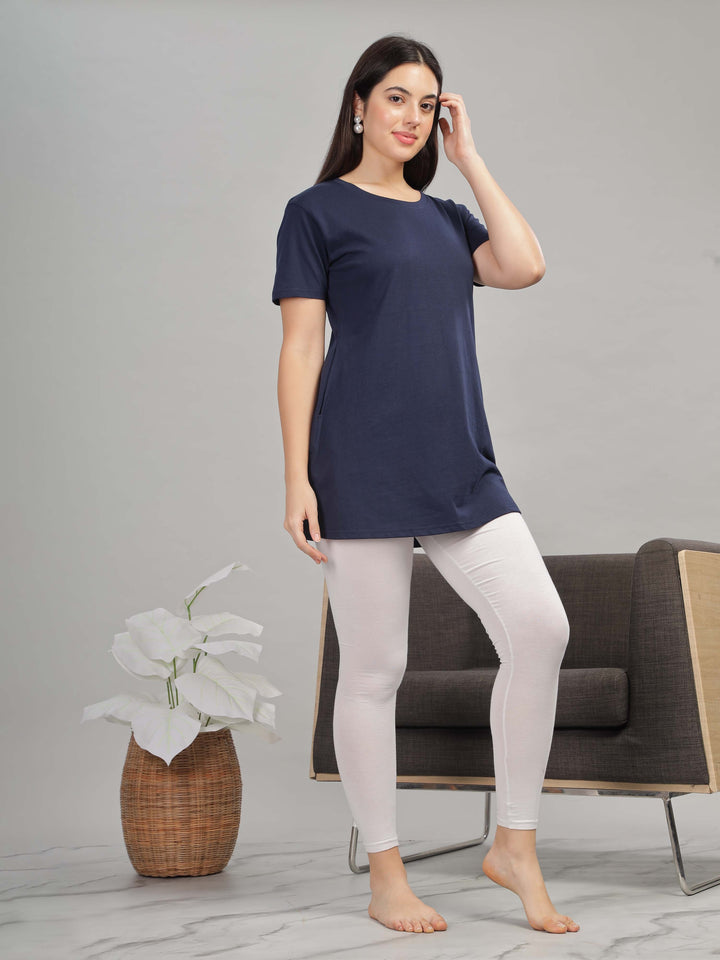 Navy blue cotton gym T-shirt for women with side slits and comfy fit