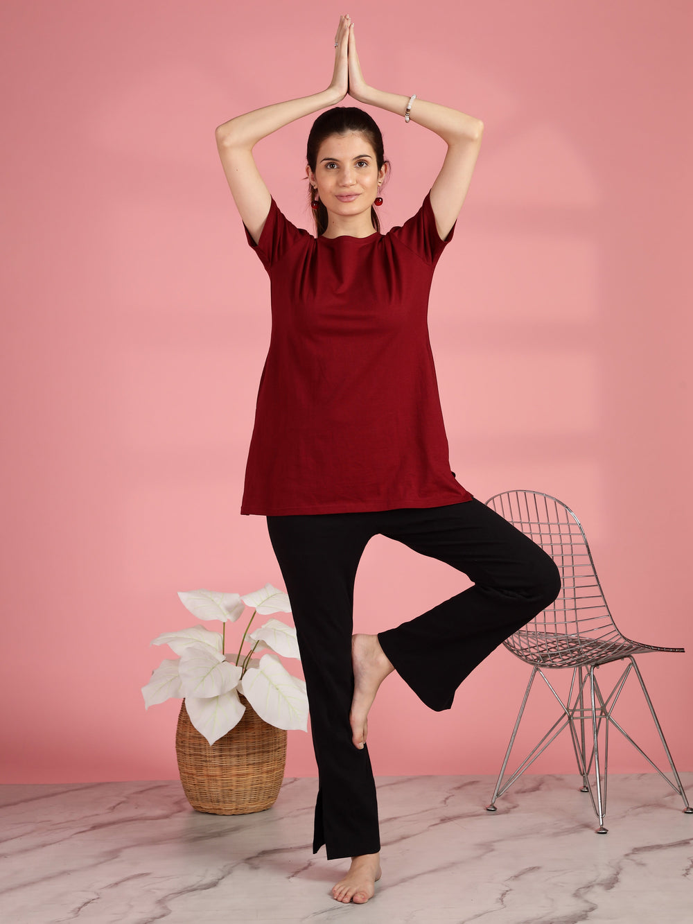 Maroon cotton longline T-shirt for women in comfortable plus size fit