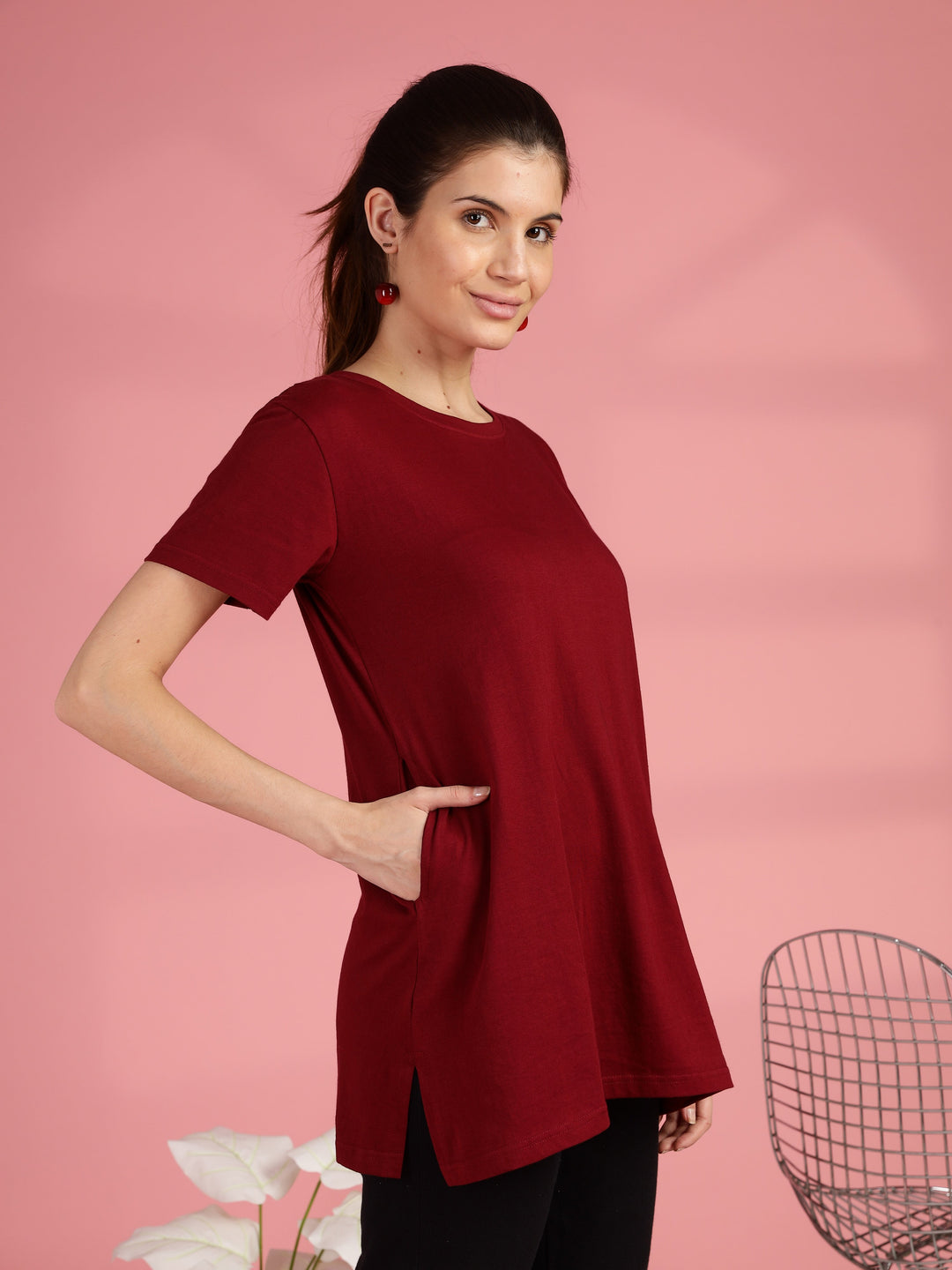 Maroon cotton longline T-shirt for women in comfortable plus size fit