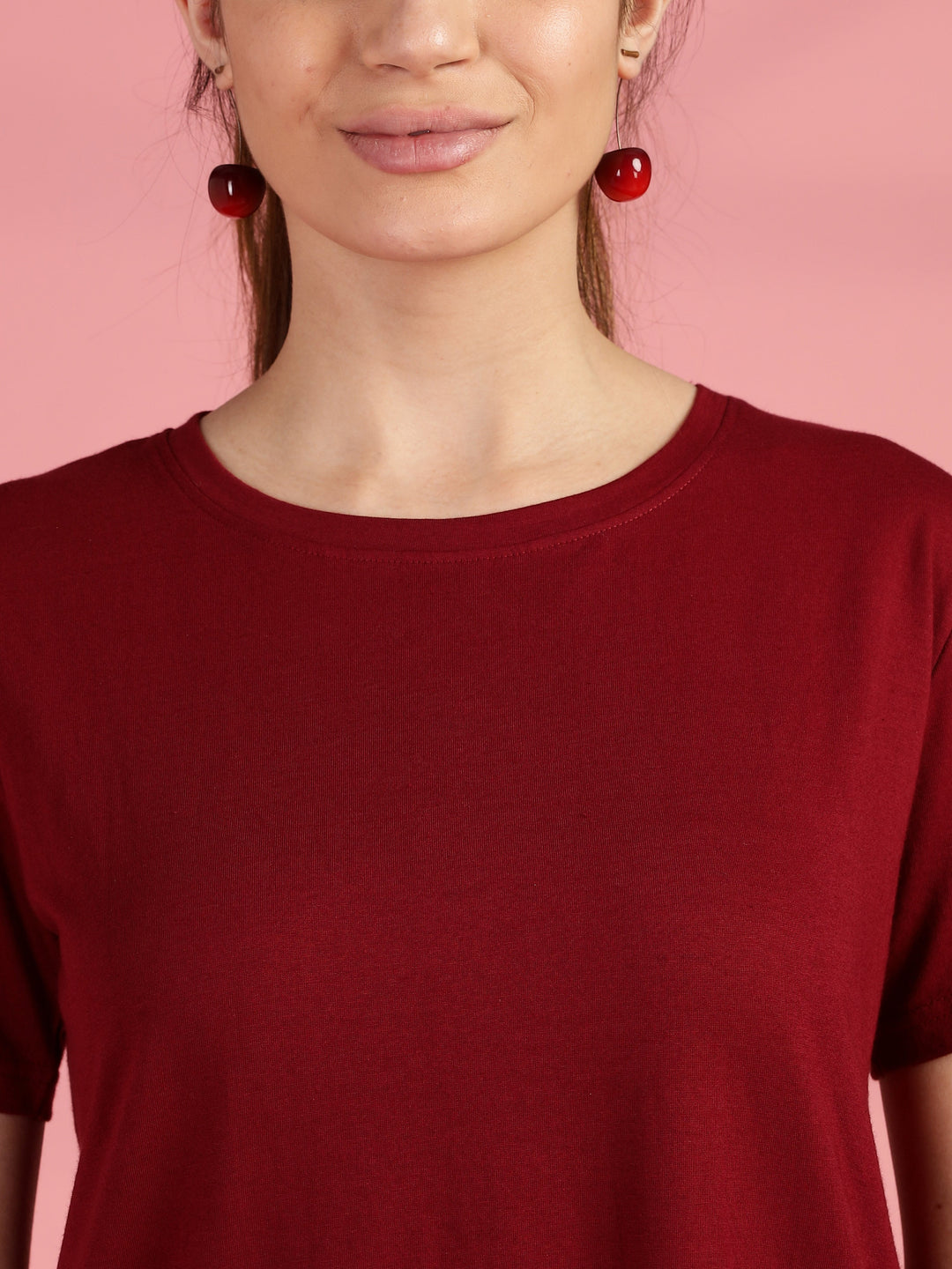 Maroon cotton longline T-shirt for women in comfortable plus size fit