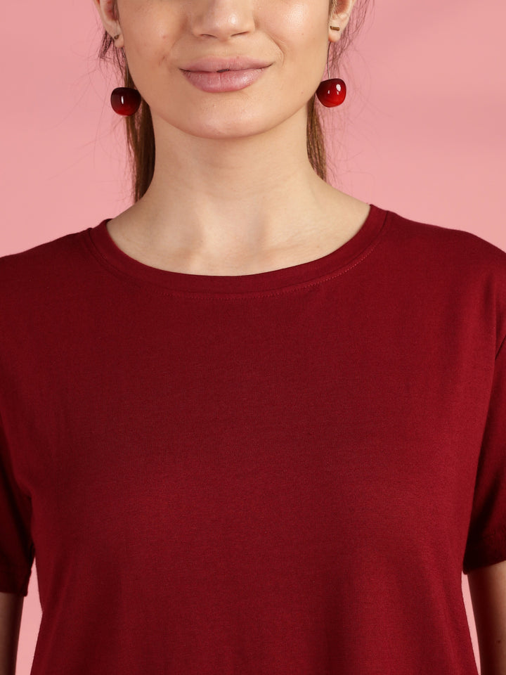 Maroon cotton longline T-shirt for women in comfortable plus size fit