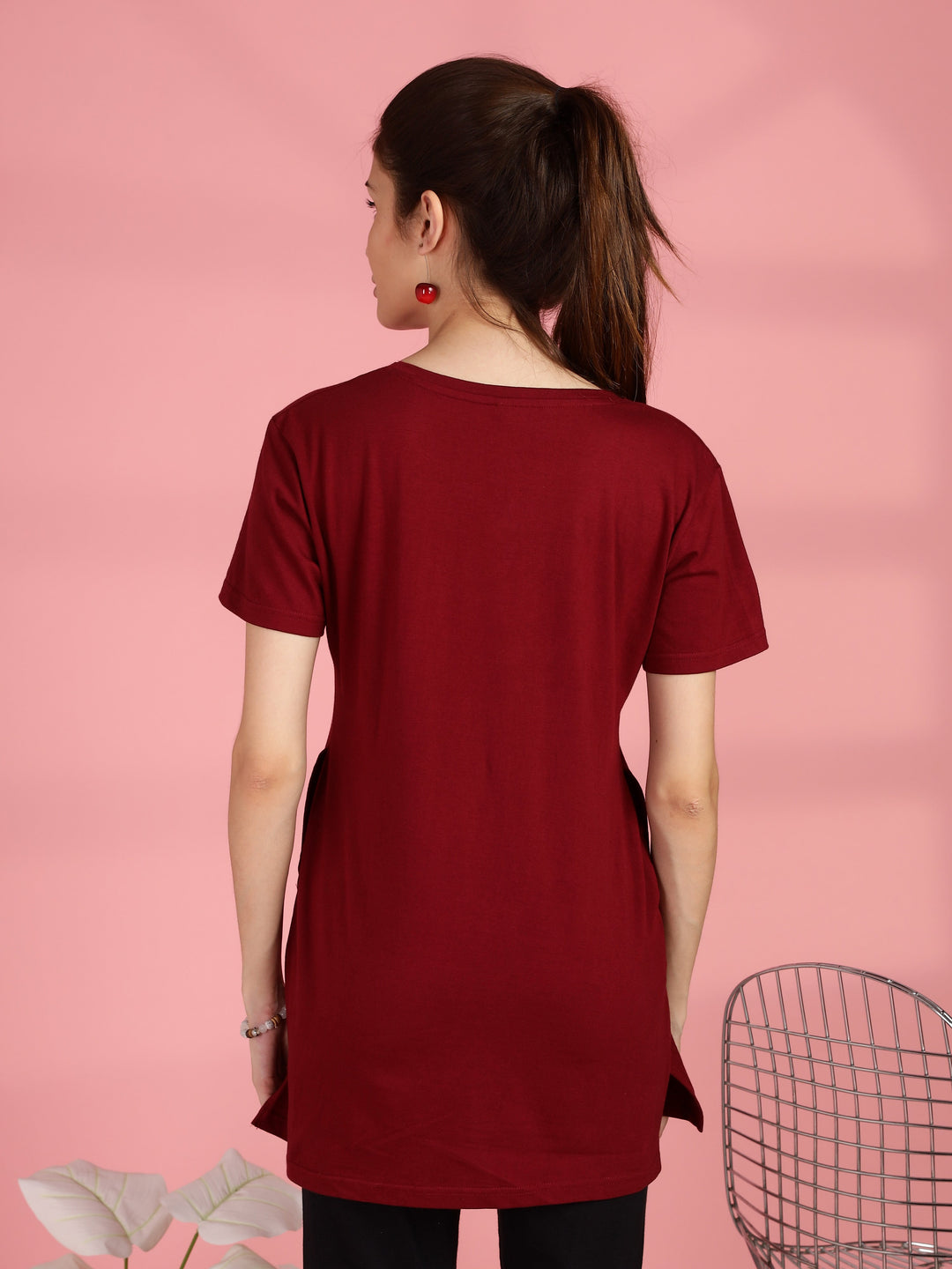 Maroon cotton longline T-shirt for women in comfortable plus size fit