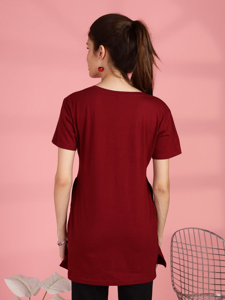 Maroon cotton longline T-shirt for women in comfortable plus size fit