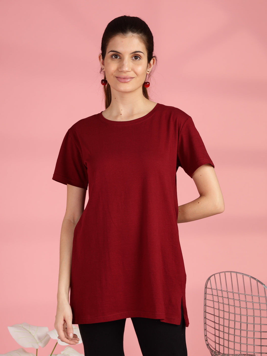 Maroon cotton longline T-shirt for women in comfortable plus size fit