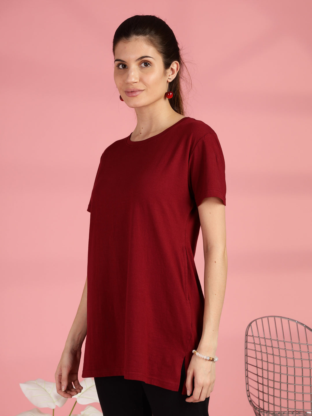 Maroon cotton longline T-shirt for women in comfortable plus size fit