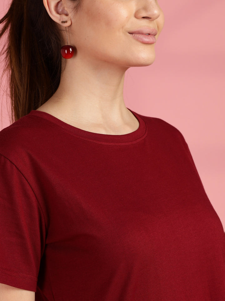 Maroon cotton longline T-shirt for women in comfortable plus size fit