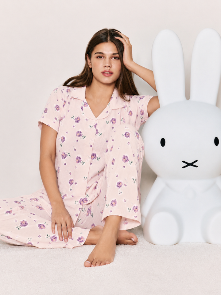 Pastel peach floral crush cotton pajama set for women