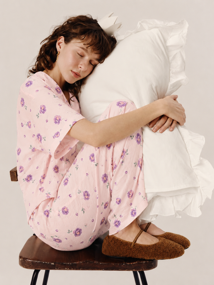 Pastel peach floral crush cotton pajama set for women