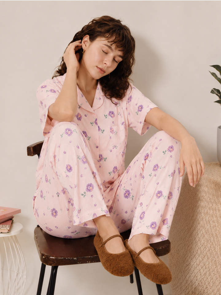 Pastel peach floral crush cotton pajama set for women
