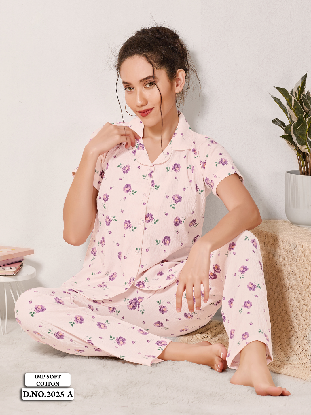 Pastel peach floral crush cotton pajama set for women