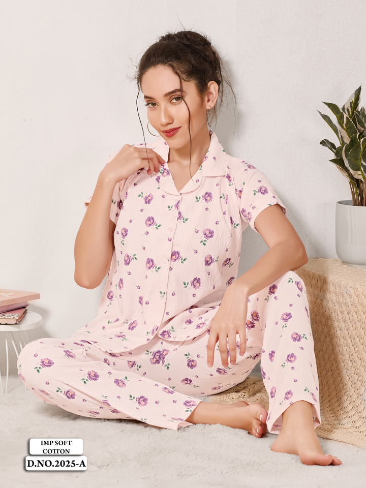 Pastel peach floral crush cotton pajama set for women