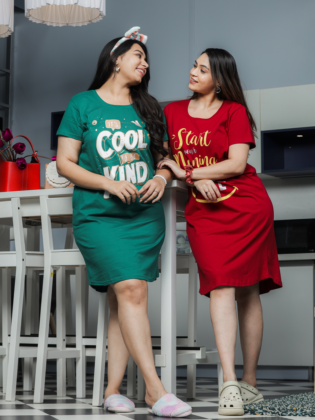 Soft high quality cotton ruby red printed short nighty for women