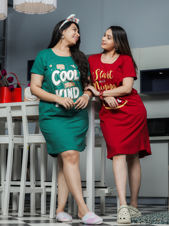 Soft high quality cotton ruby red printed short nighty for women
