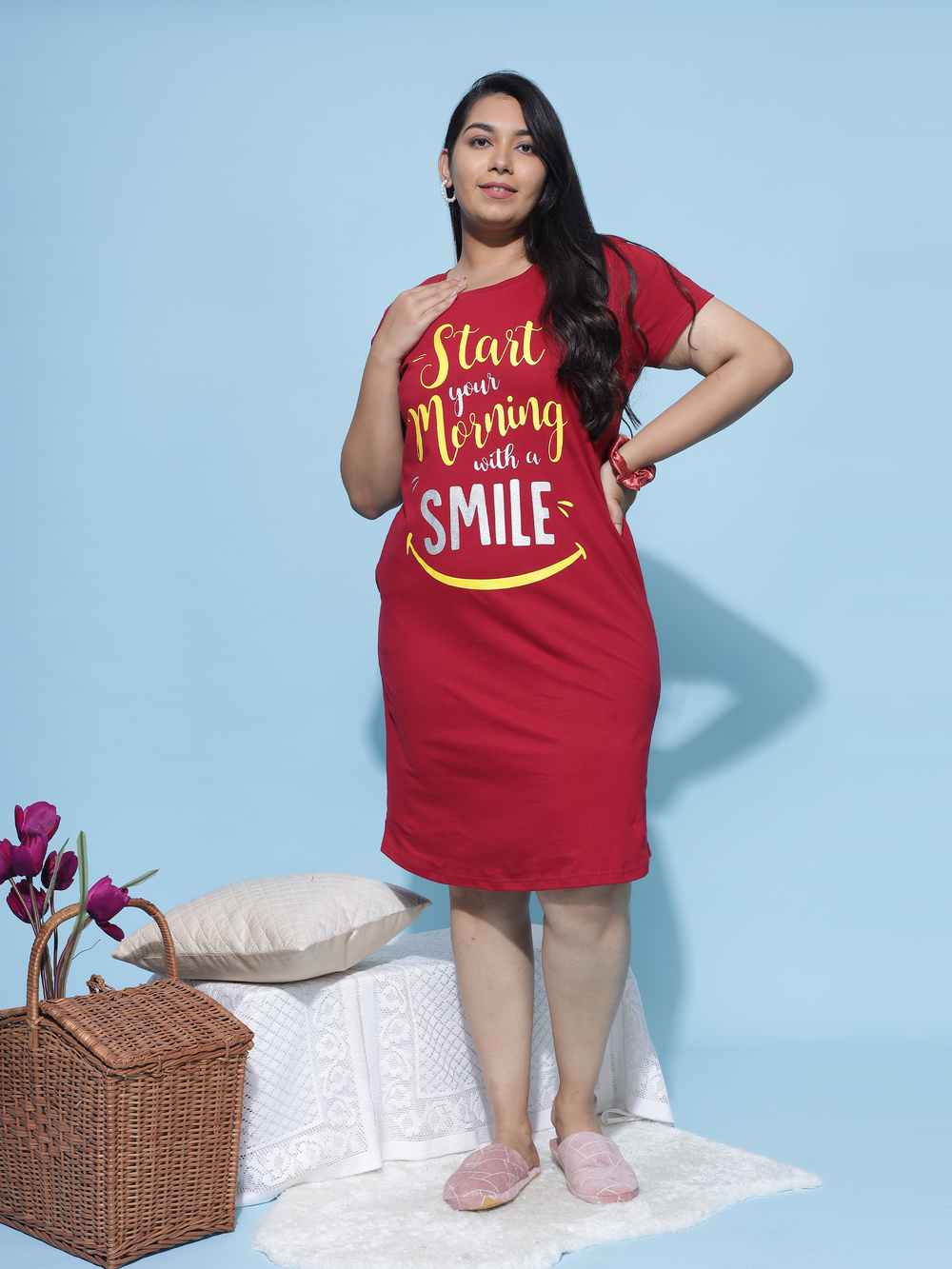 Soft high quality cotton ruby red printed short nighty for women
