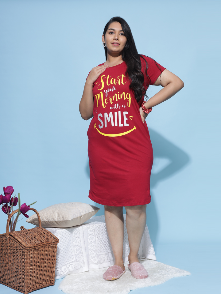 Soft high quality cotton ruby red printed short nighty for women