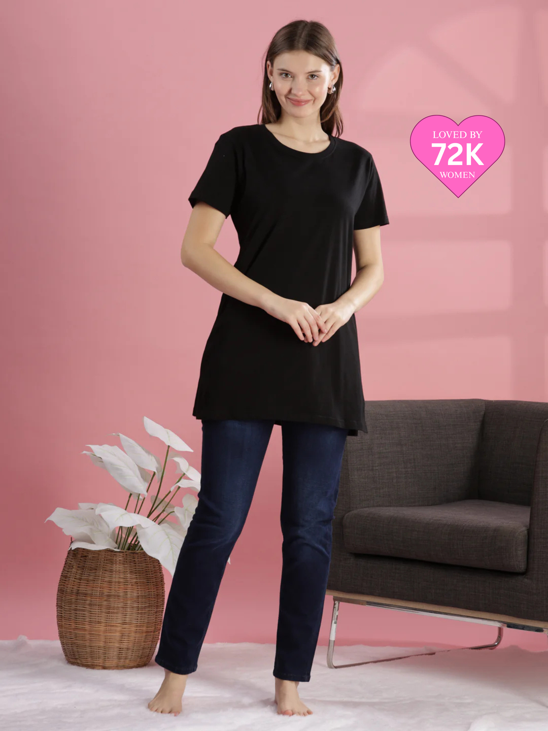 Long black cotton t-shirt for women with side pocket online
