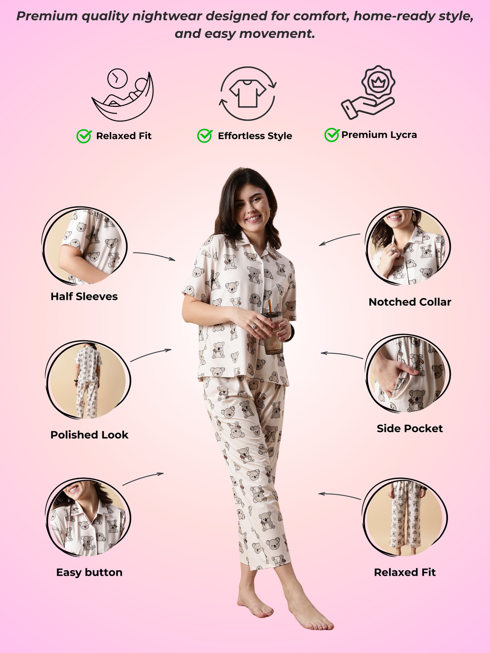 Creamy teddy soft lycra pajama sets and loungewear for women