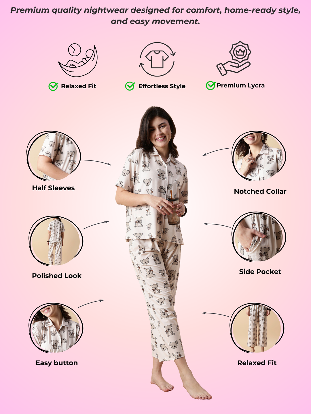 Creamy teddy soft lycra pajama sets and loungewear for women