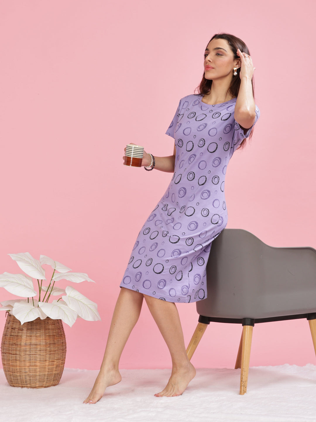 Lavender plus size daily wear nighty in 100% premium hosiery cotton