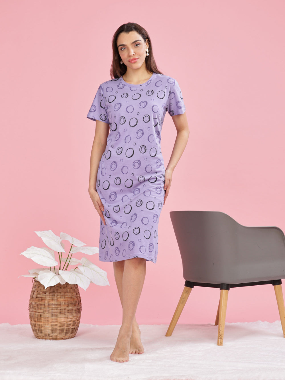 Lavender plus size daily wear nighty in 100% premium hosiery cotton