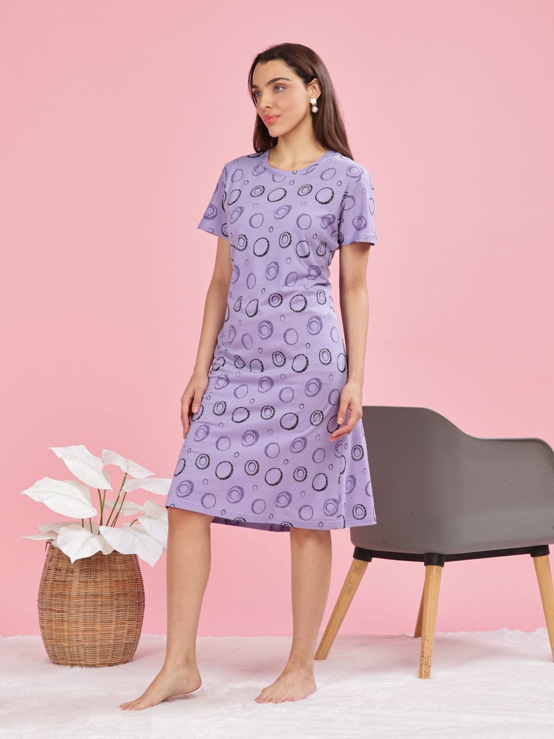 Lavender plus size daily wear nighty in 100% premium hosiery cotton