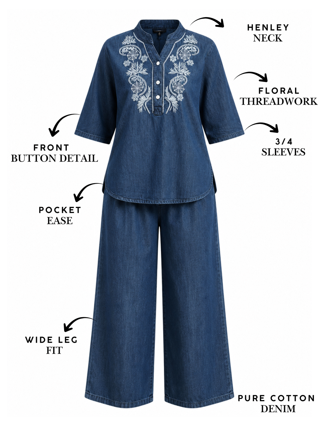 Dark Blue Denim Wash Cotton Co Ord Set for Women Online