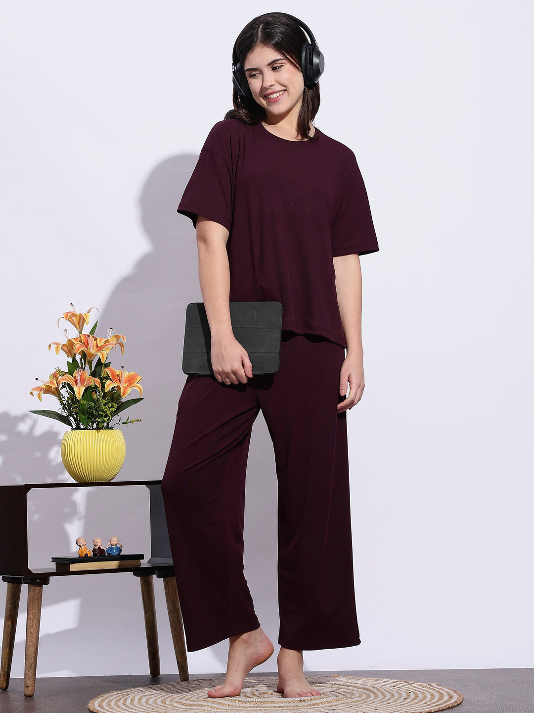 Best and cozy dark maroon solid pajama set for women