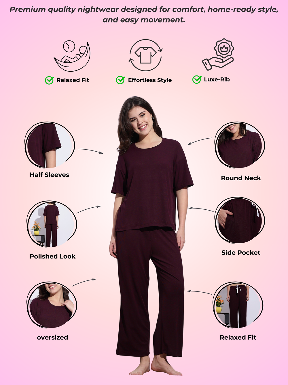 Best and cozy dark maroon solid pajama set for women