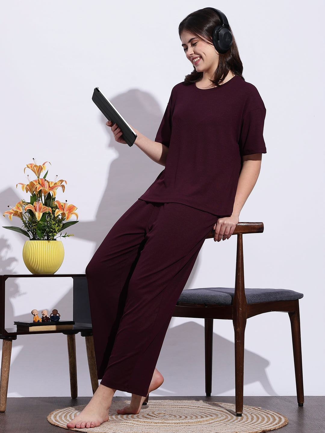 Best and cozy dark maroon solid pajama set for women
