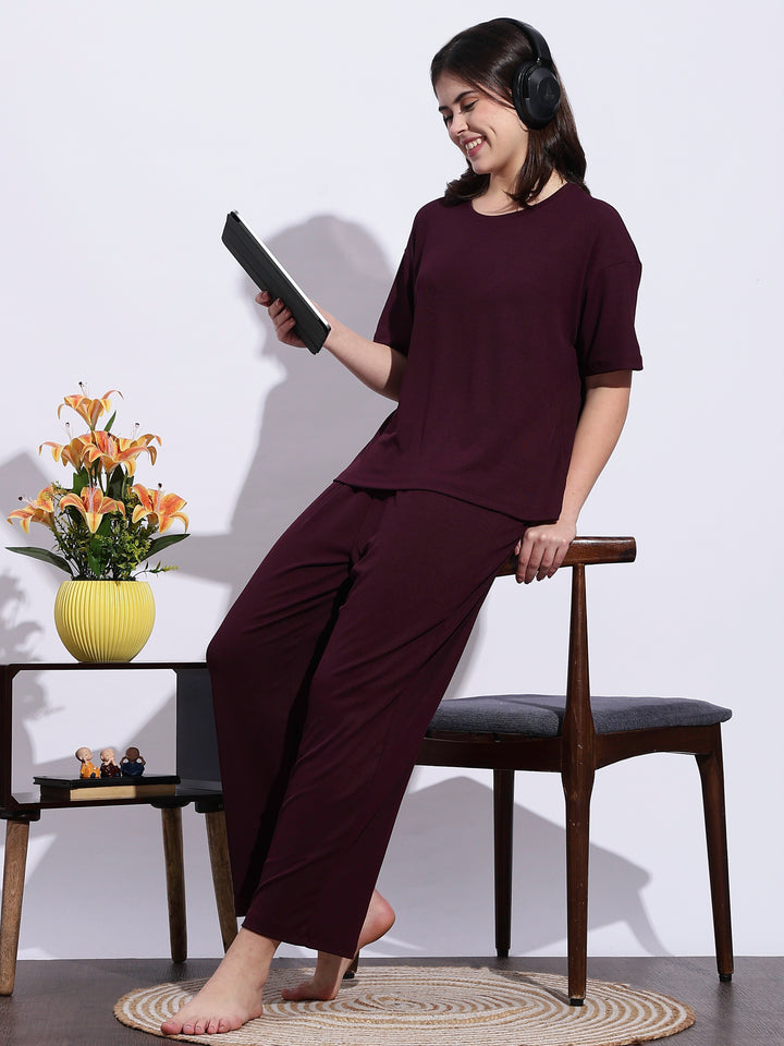 Best and cozy dark maroon solid pajama set for women