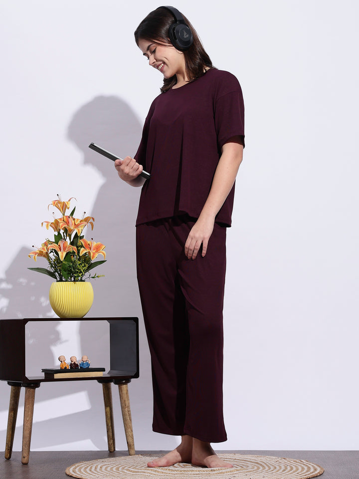 Best and cozy dark maroon solid pajama set for women