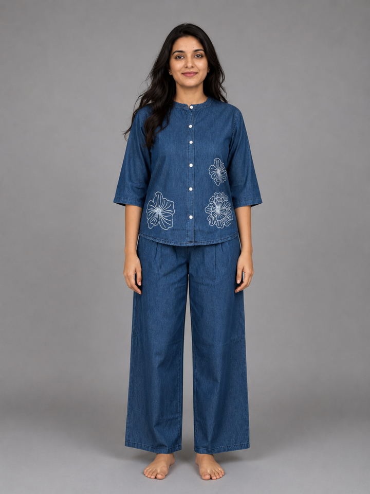 Light blue pure cotton denim co-ord set for women with relaxed fit