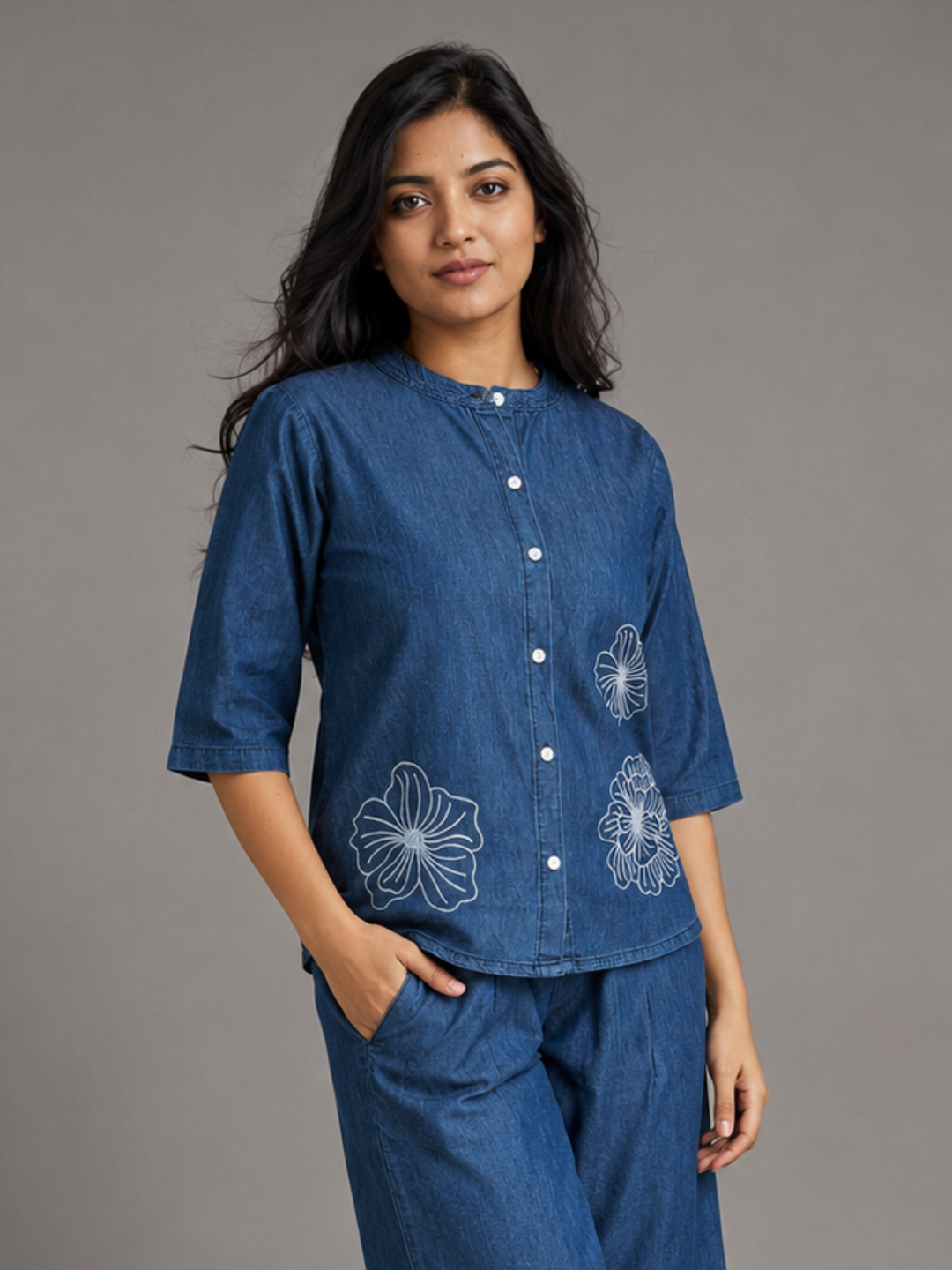 Light blue pure cotton denim co-ord set for women with relaxed fit