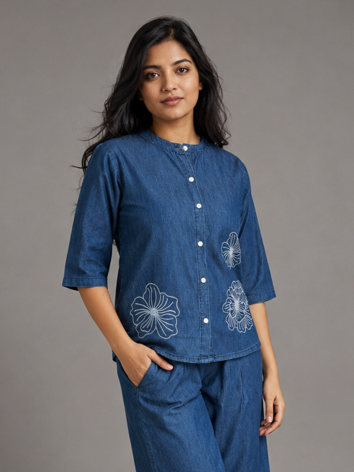 Light blue pure cotton denim co-ord set for women with relaxed fit
