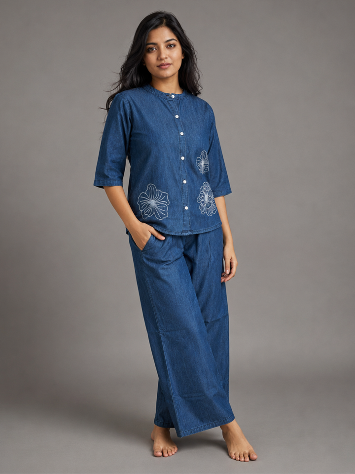Light blue pure cotton denim co-ord set for women with relaxed fit