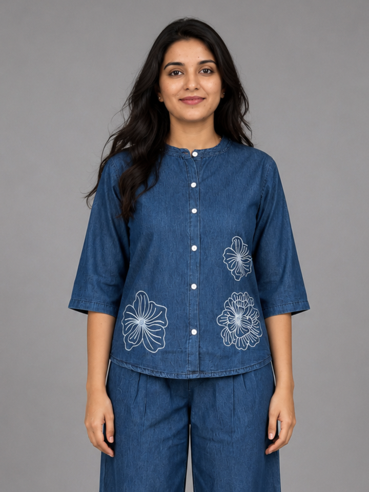 Light blue pure cotton denim co-ord set for women with relaxed fit