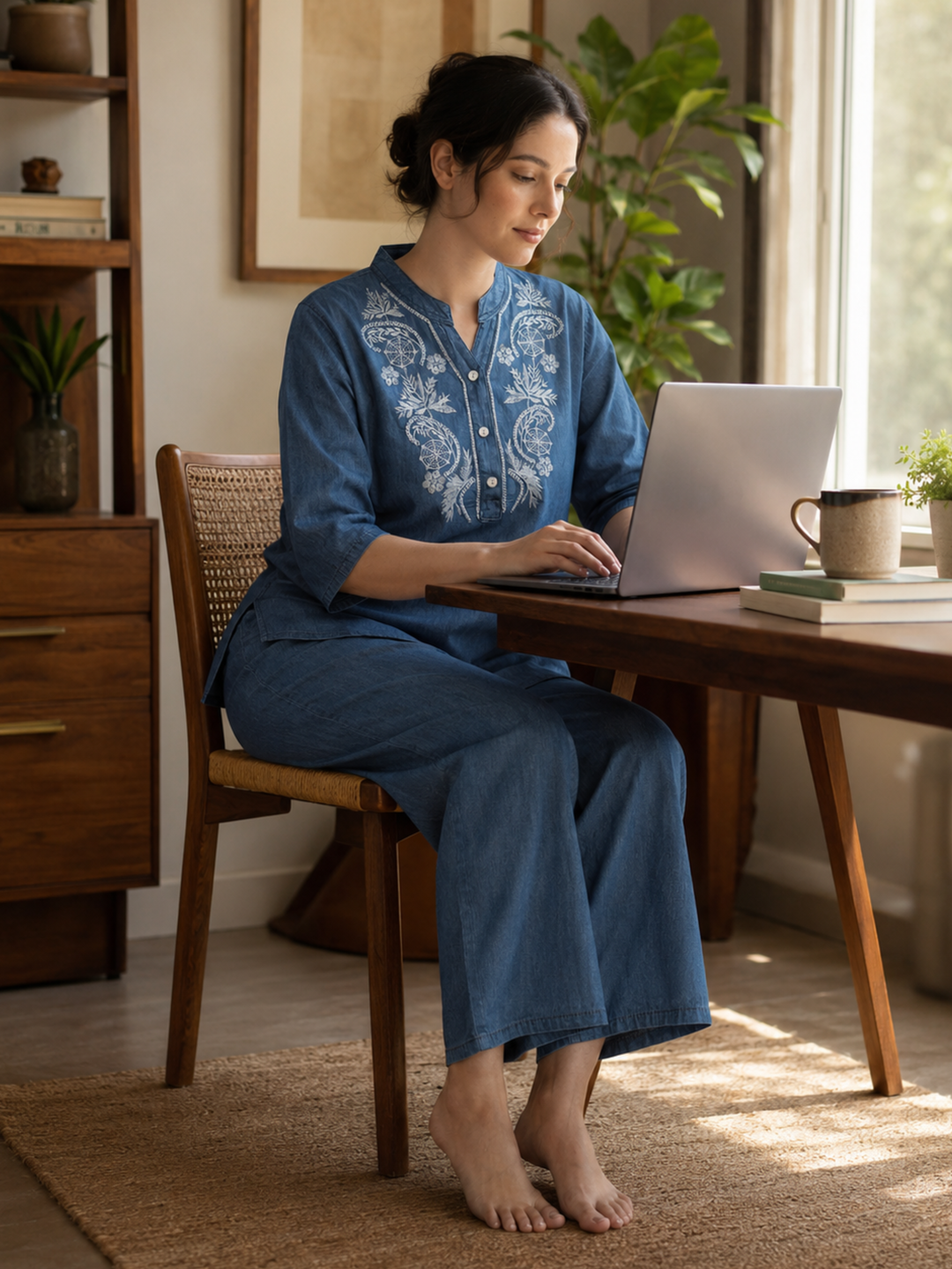 Light blue denim wash cotton co ord set for women online
