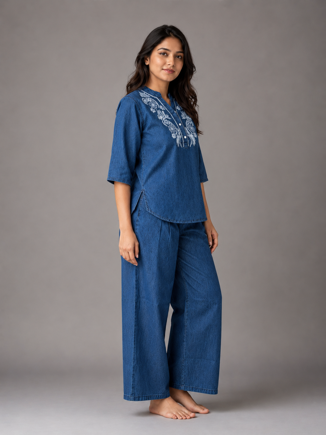Light blue denim wash cotton co ord set for women online