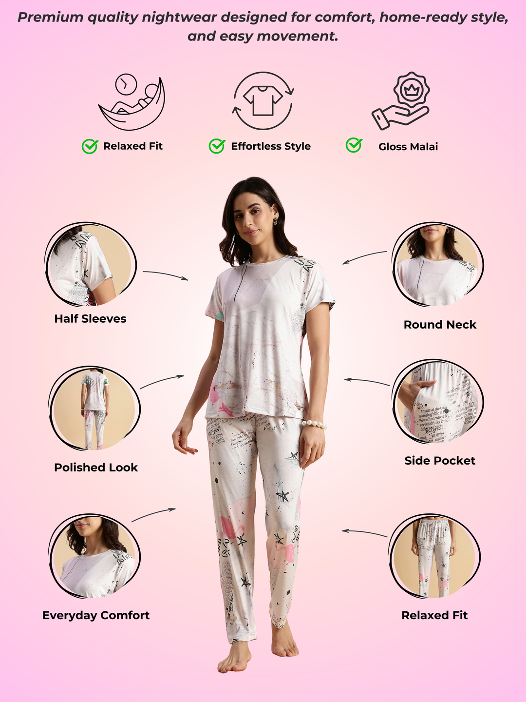 Lovey dobby gloss malai best night suit set for women